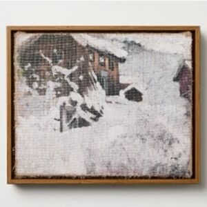 New Hearth And Hand Rustic Snowy Cottage Scene On Burlap Wall Art 9in×11in